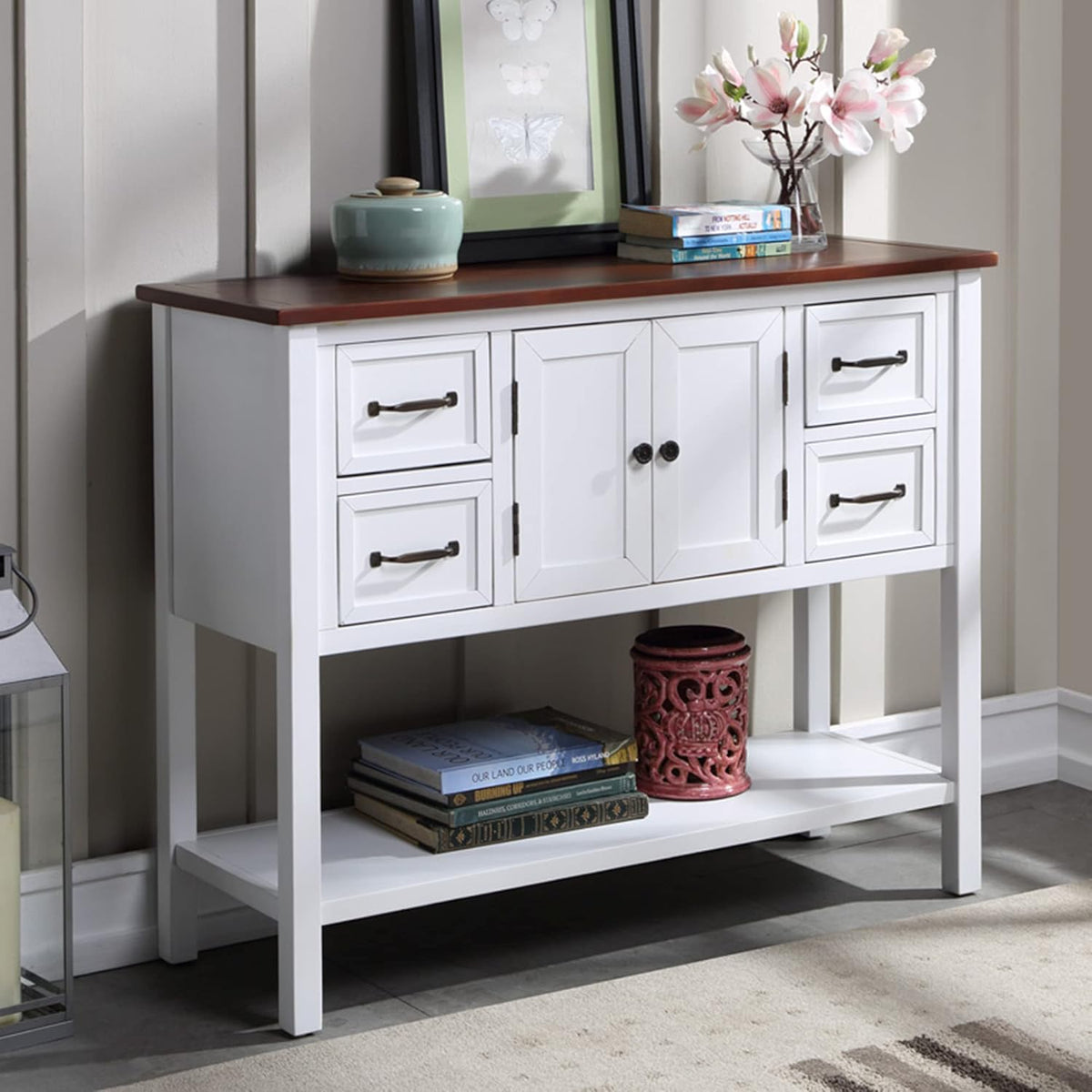 Green Console Table Buffet Sideboard with Storage Drawers Cabinets and Bottom Shelf T40674