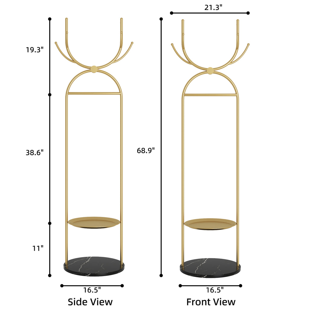 Metal Coat Rack Stand with Shelves and Hooks, Marble Base D3063