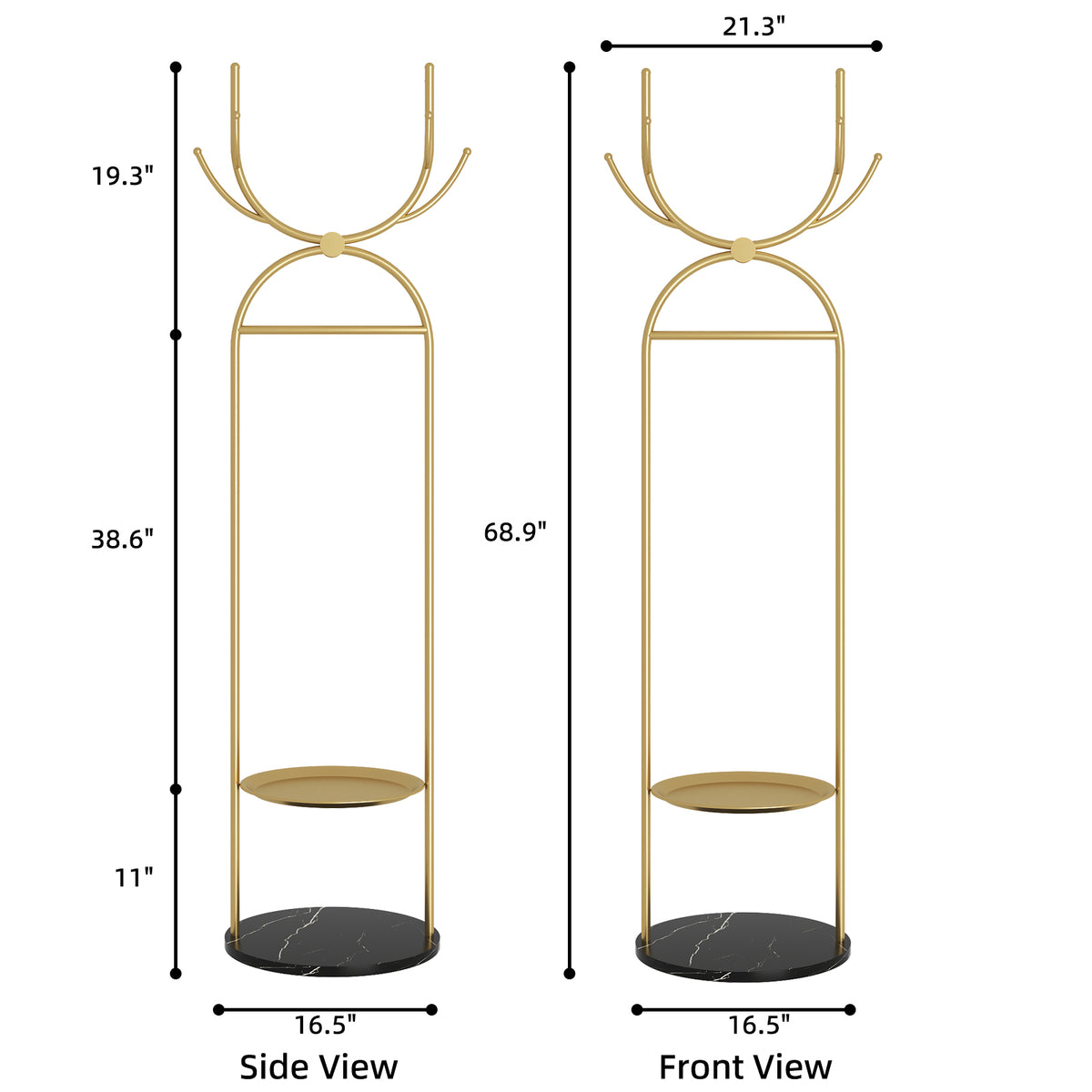Metal Coat Rack Stand with Shelves and Hooks, Marble Base D3063