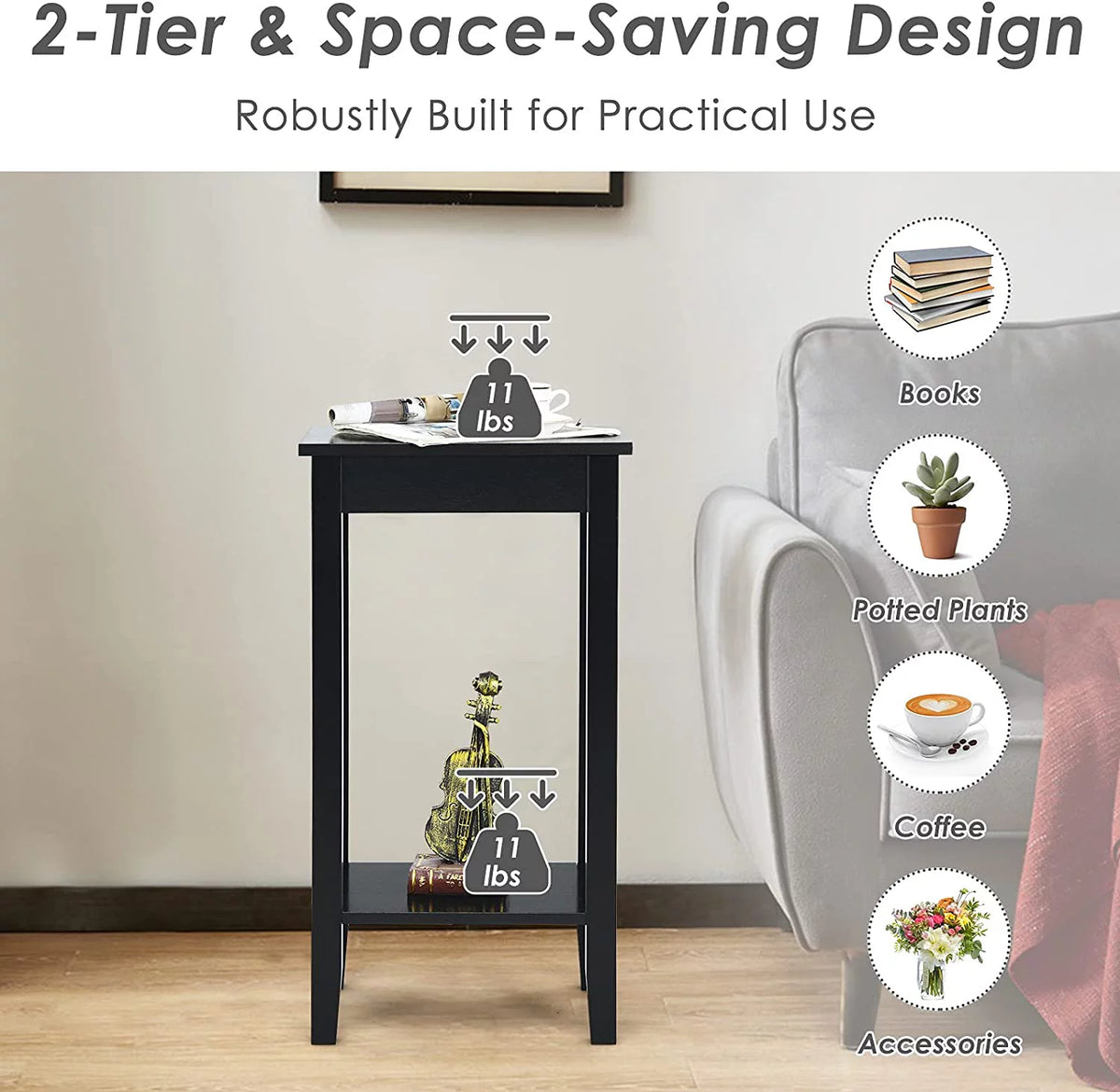 2-Tier End Table with Shelf and Wooden Legs H457