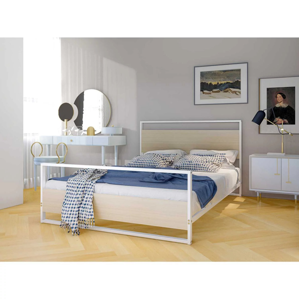 White Wooden and Metal Full Bed Frame Y768525