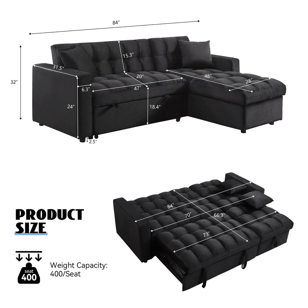 84" Black Velvet Convertible Sleeper Sofa with Storage Chaise B77914