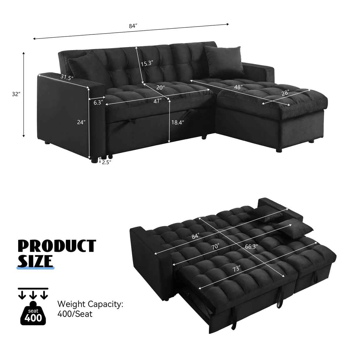 84" Black Velvet Convertible Sleeper Sofa with Storage Chaise B77914