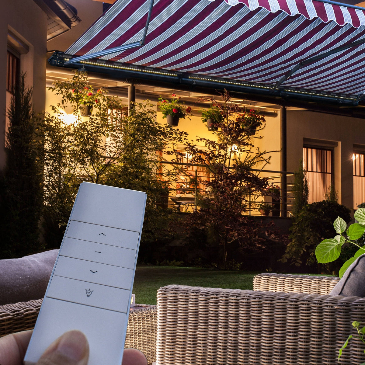 Motorized LED 12 x 10 ft. Half Cassette Retractable Awning Multi-Stripe Green D9806