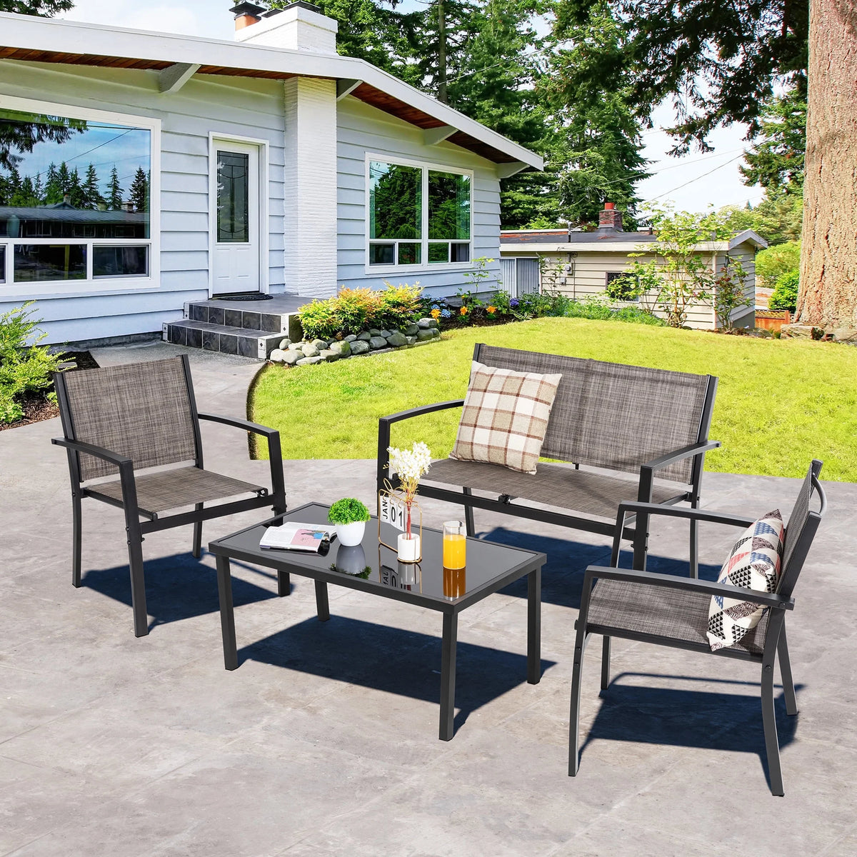 4 Pieces Patio Furniture Set with Glass Coffee Table P72055