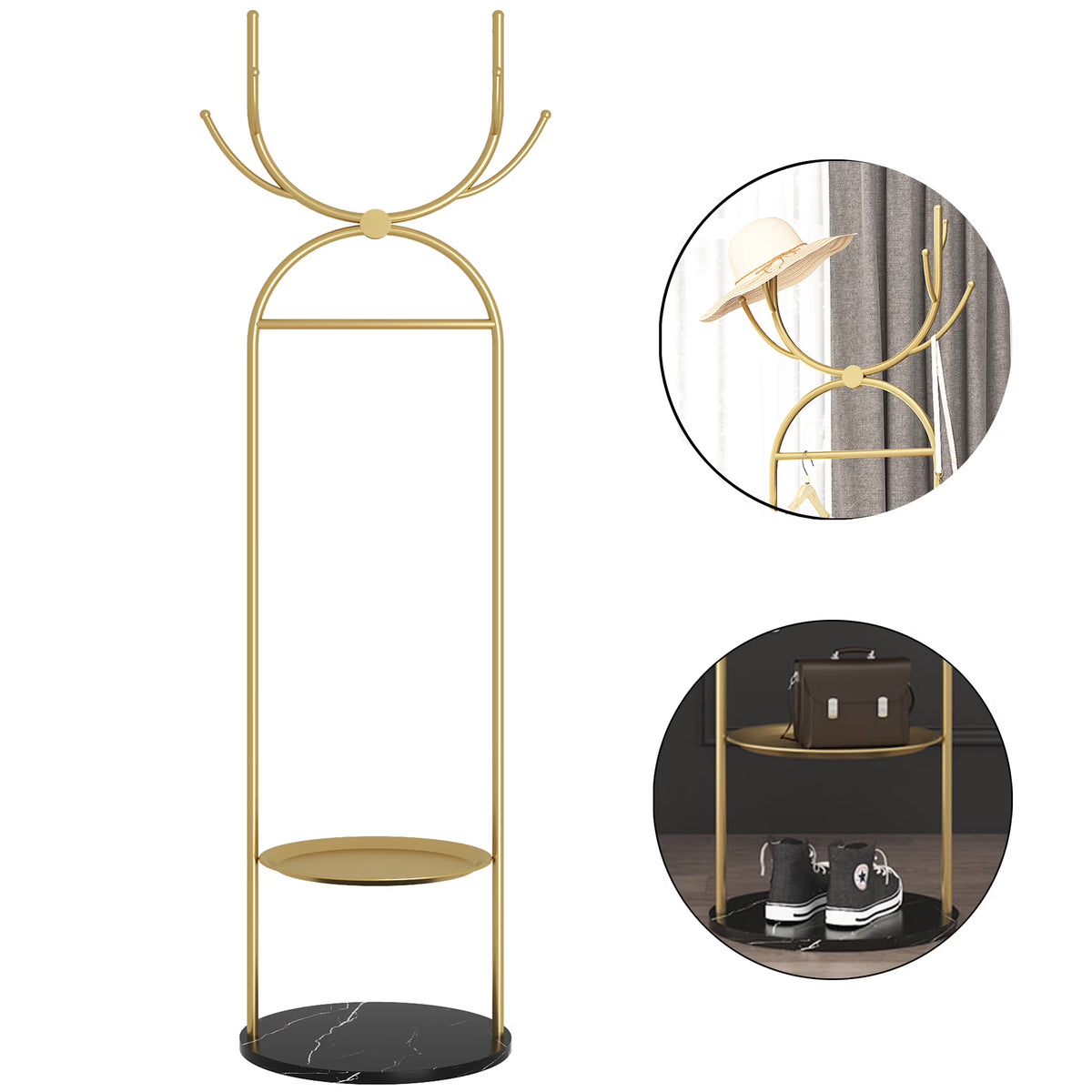 Metal Coat Rack Stand with Shelves and Hooks, Marble Base D3063