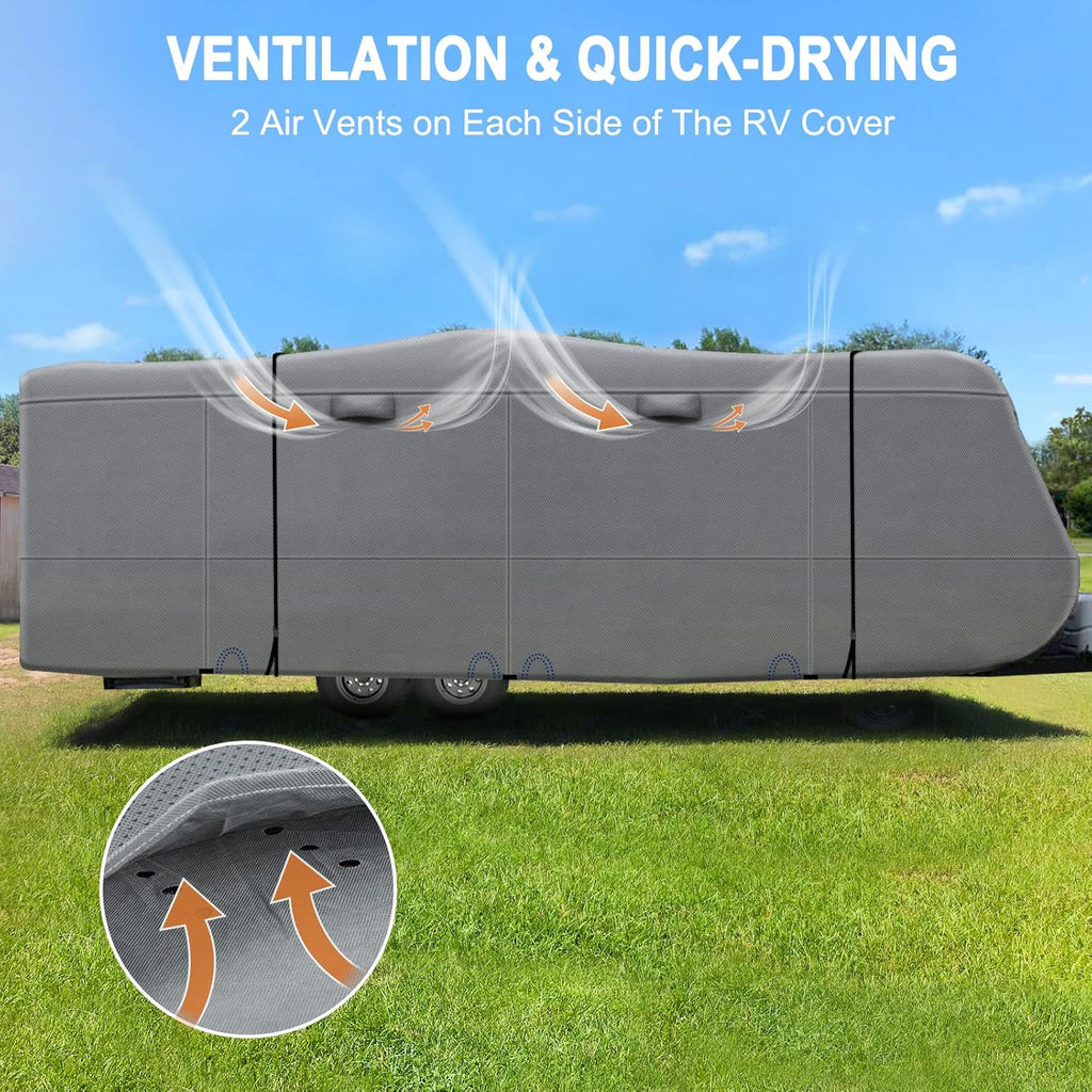 Heavy Duty 6 Layers Travel Trailer RV Cover Anti-UV Camper Cover for 24'1" - 26' Motorhome Breathable Rip-Stop with 2Pcs Extra Straps & Gutter Spout Covers H5734
