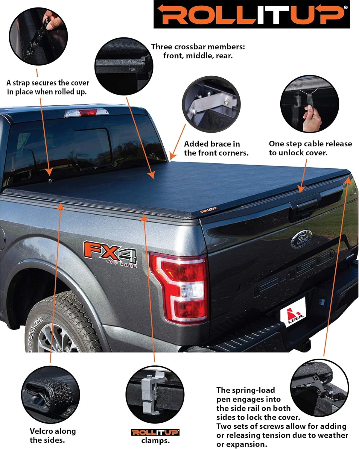 Soft Roll Up Truck Bed Tonneau Cover for 2015 - 2022 Ford F150 6.6’ Bed (Black) U1754