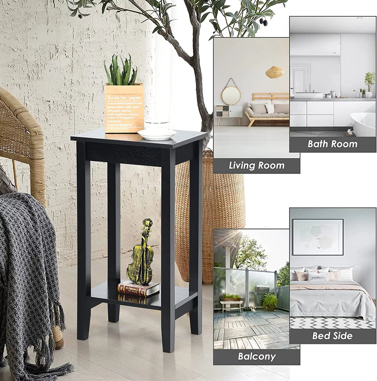 2-Tier End Table with Shelf and Wooden Legs H457