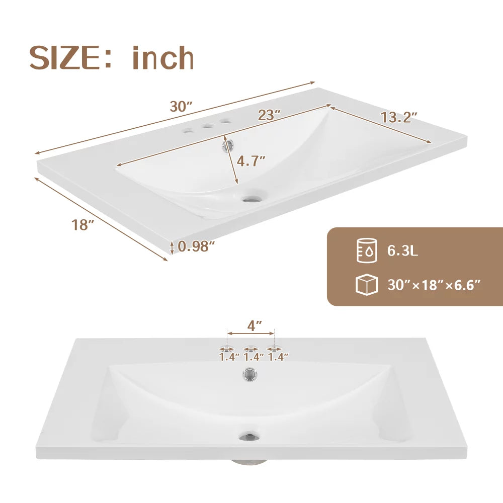30" White Bathroom Vanity with Ceramic Sink and Storage Cabinet F511