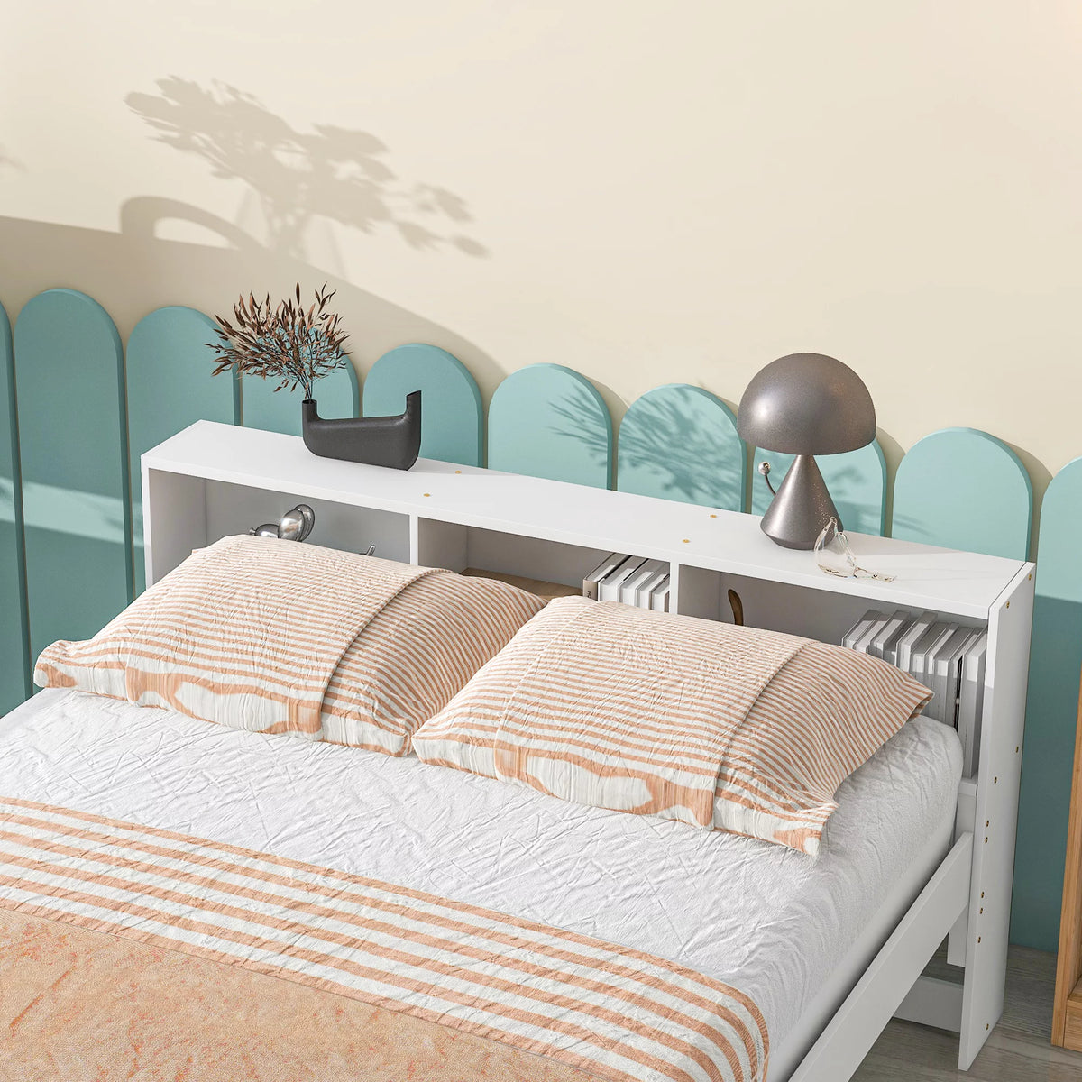 Full Over Full Bunk Beds with Bookcase Headboard, Solid Wood Bed Frame with Safety Rail and Ladder, White L371