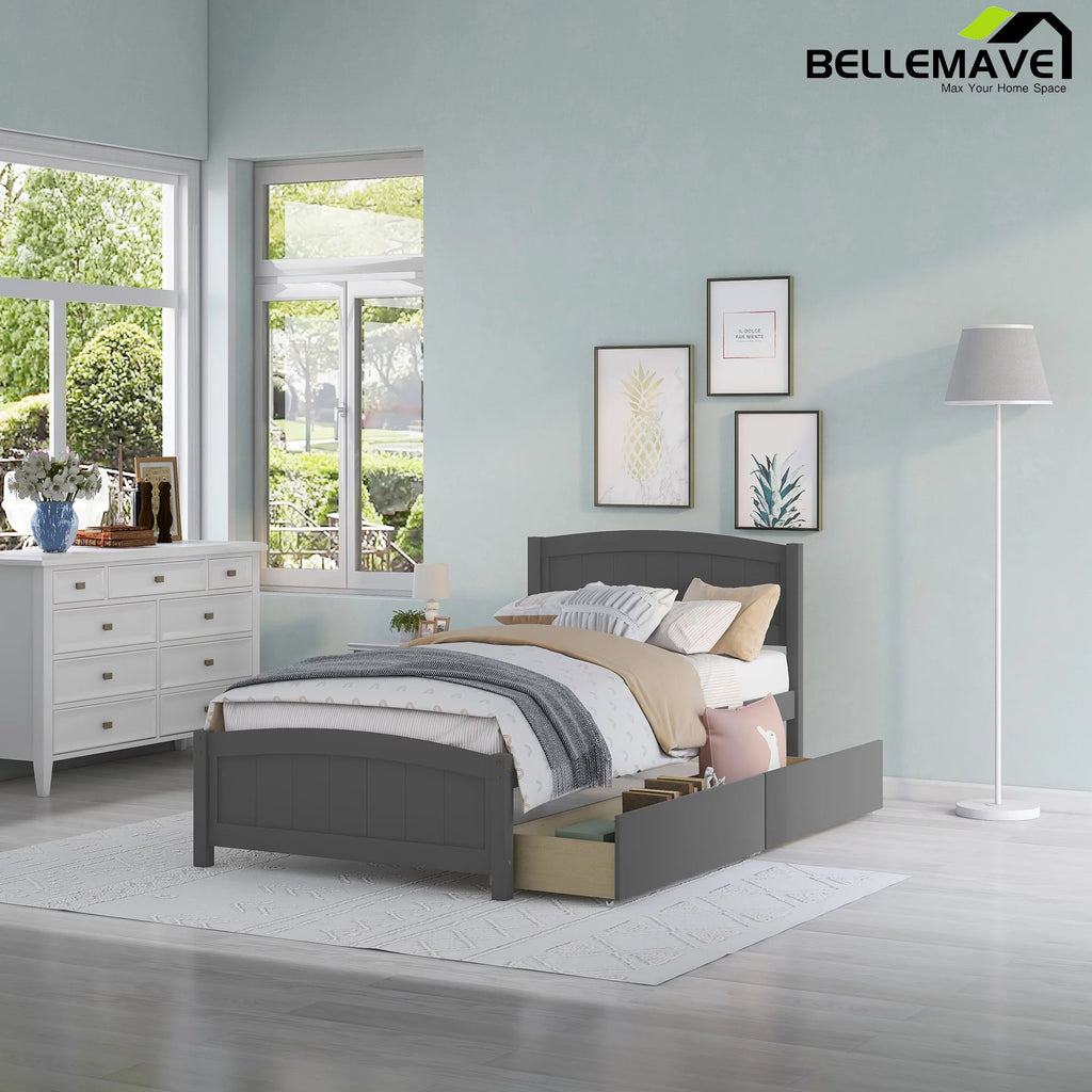 Twin Size Platform Bed Frame with Storage Drawer and Headboard N8473