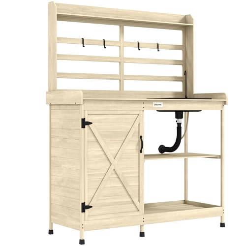 Wooden Potting Bench Table with Sink and Storage Cabinet J5694