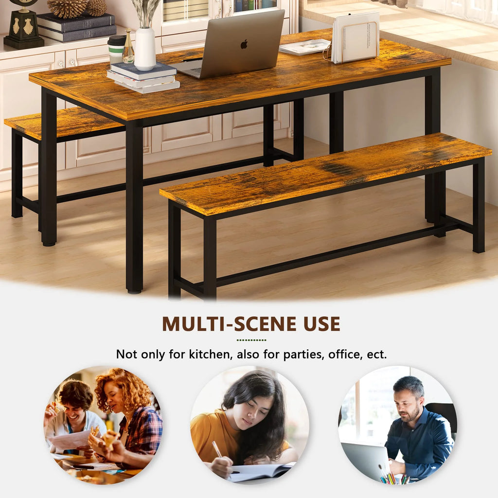 Rustic Brown 4 Person Kitchen Table Set with 2 Benches R612