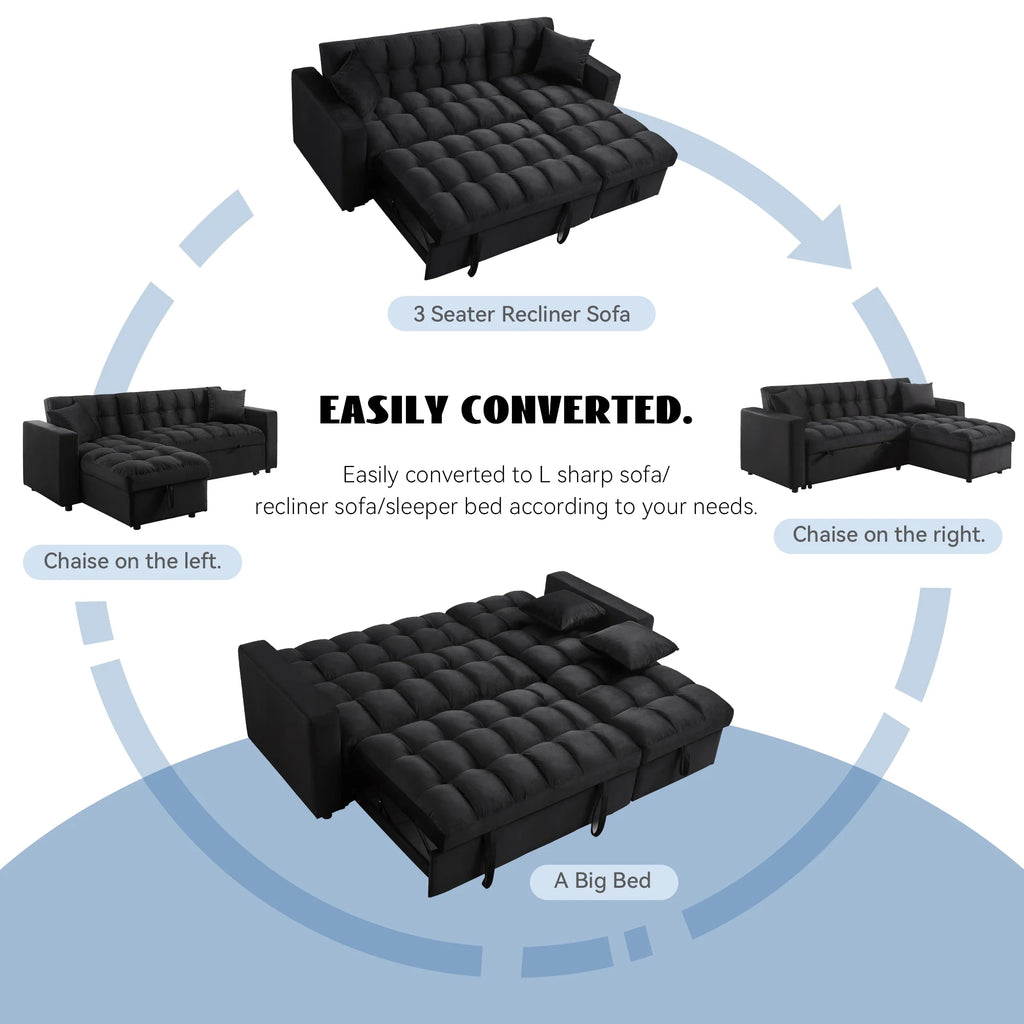 84" Black Velvet Convertible Sleeper Sofa with Storage Chaise B77914
