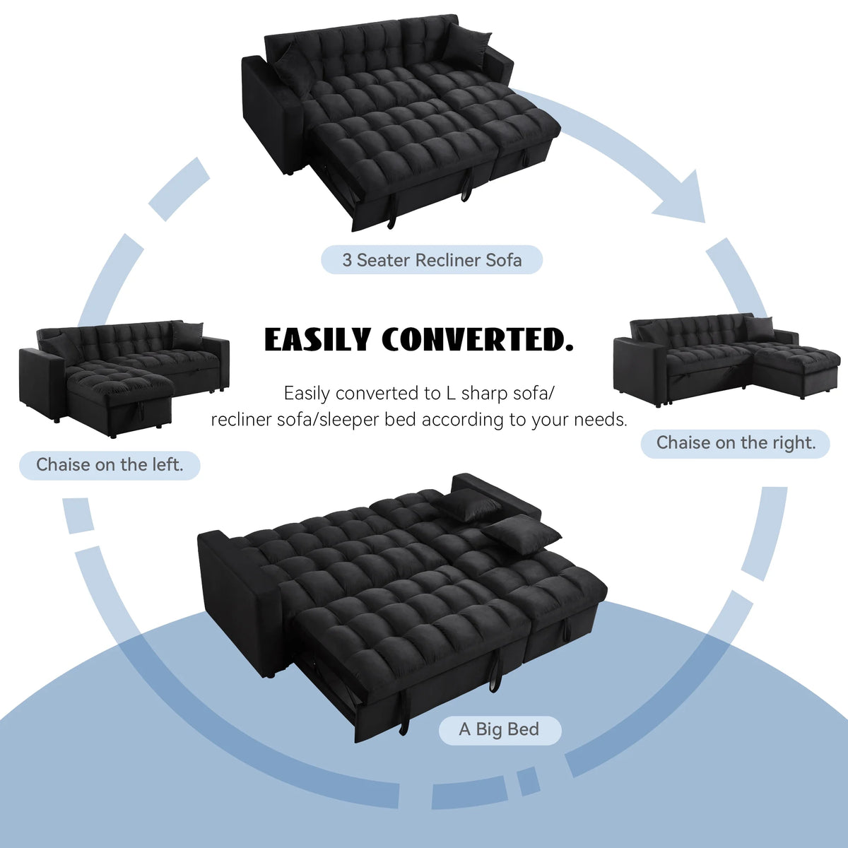 84" Black Velvet Convertible Sleeper Sofa with Storage Chaise B77914