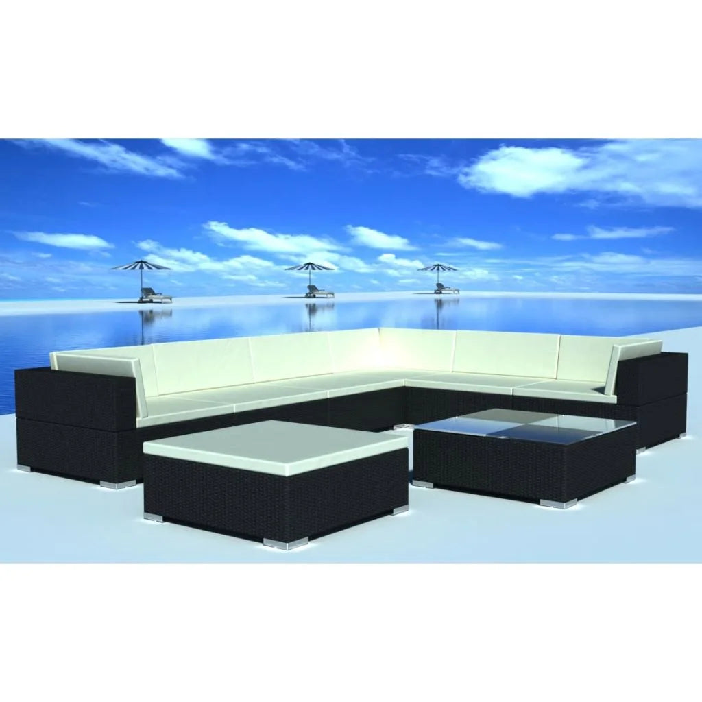 Black Poly Rattan 8 Piece Patio Lounge Set with Cushions E51363