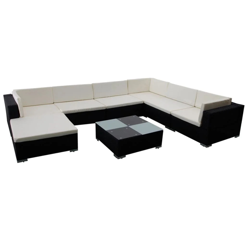 Black Poly Rattan 8 Piece Patio Lounge Set with Cushions E51363
