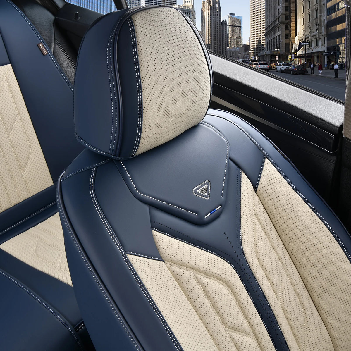 Blue&Beige 2Pcs Leather Car Seat Covers F53243