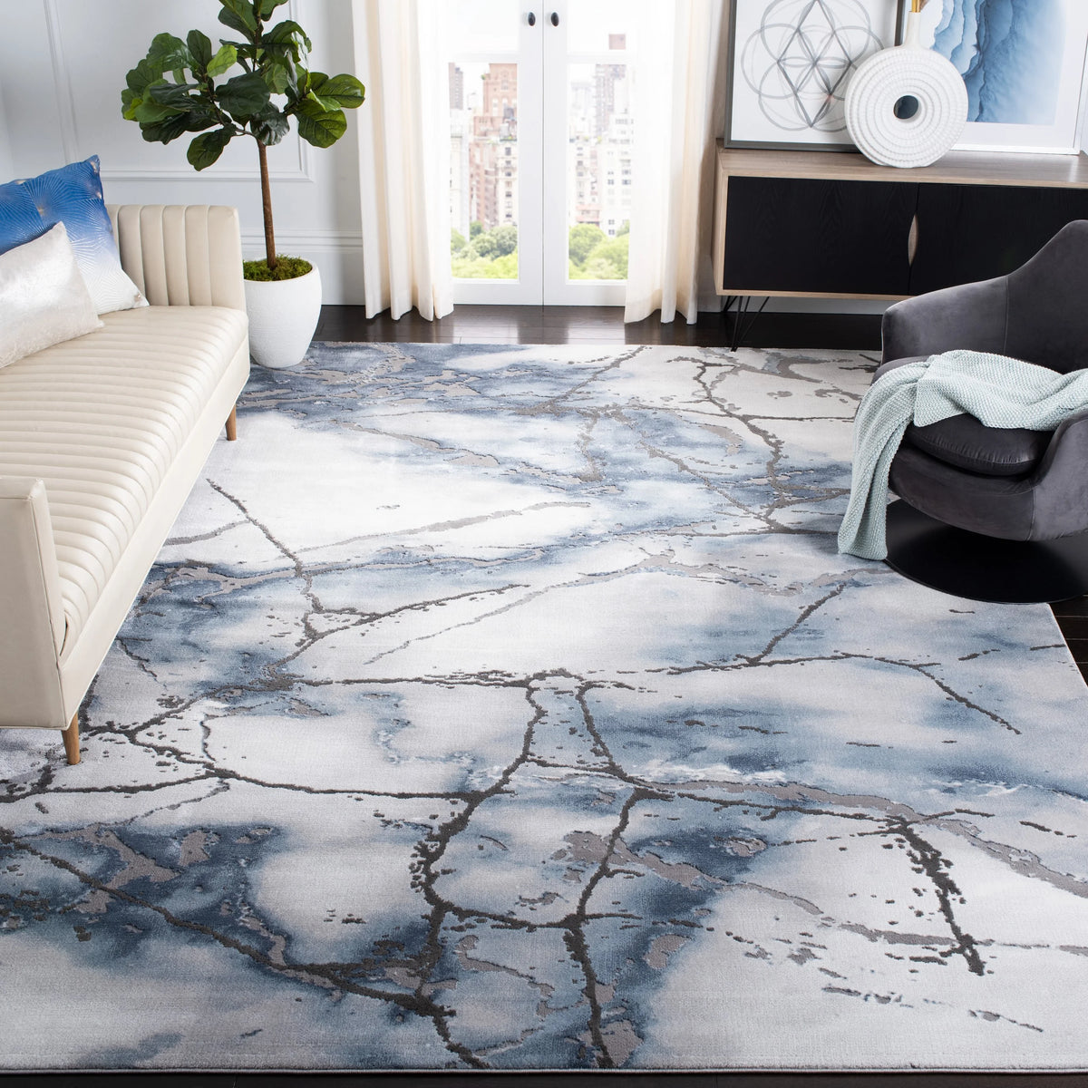 Ivory Grey/Blue Abstract Marble Area Rug S7528