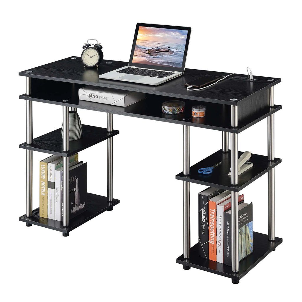 Black Student Desk with Charging Station and Shelves O598