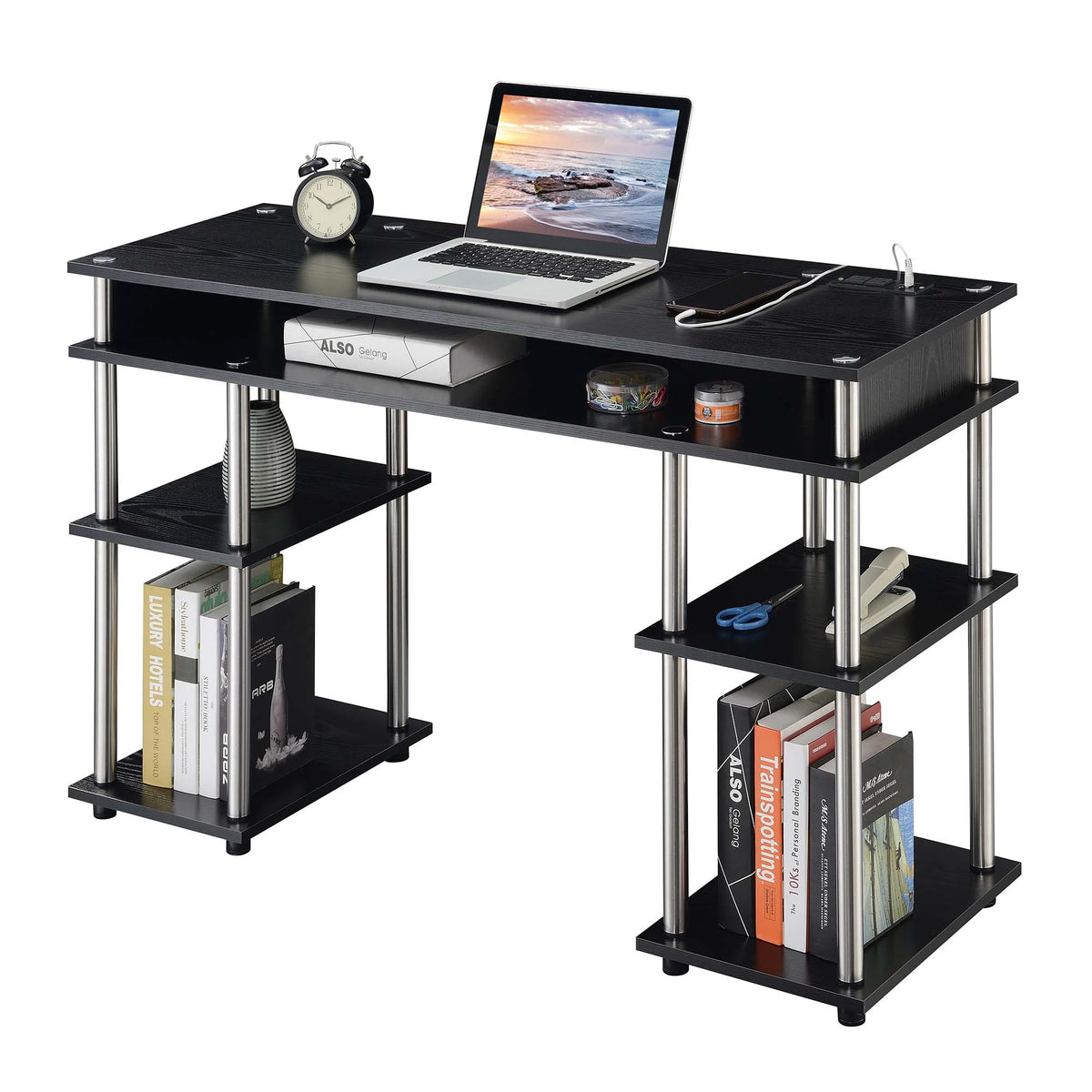 Black Student Desk with Charging Station and Shelves O598