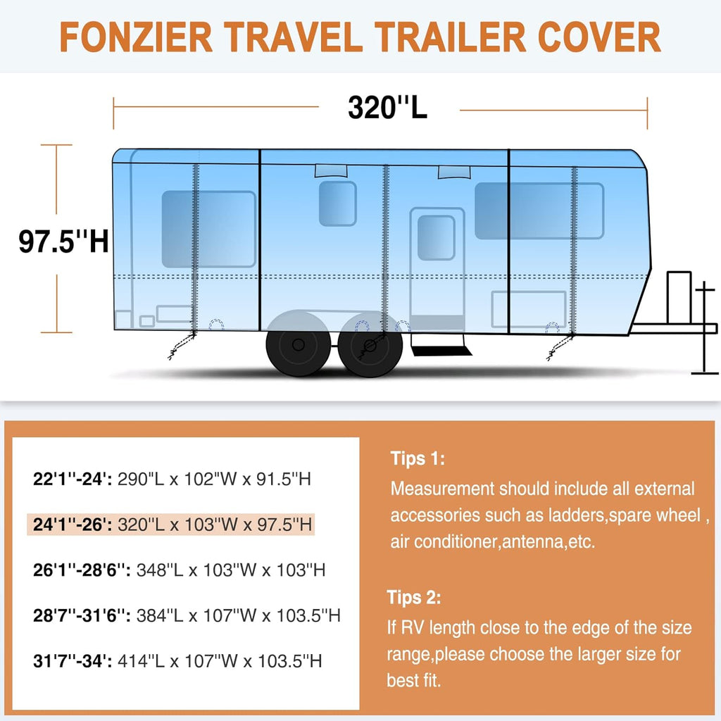 Heavy Duty 6 Layers Travel Trailer RV Cover Anti-UV Camper Cover for 24'1" - 26' Motorhome Breathable Rip-Stop with 2Pcs Extra Straps & Gutter Spout Covers H5734