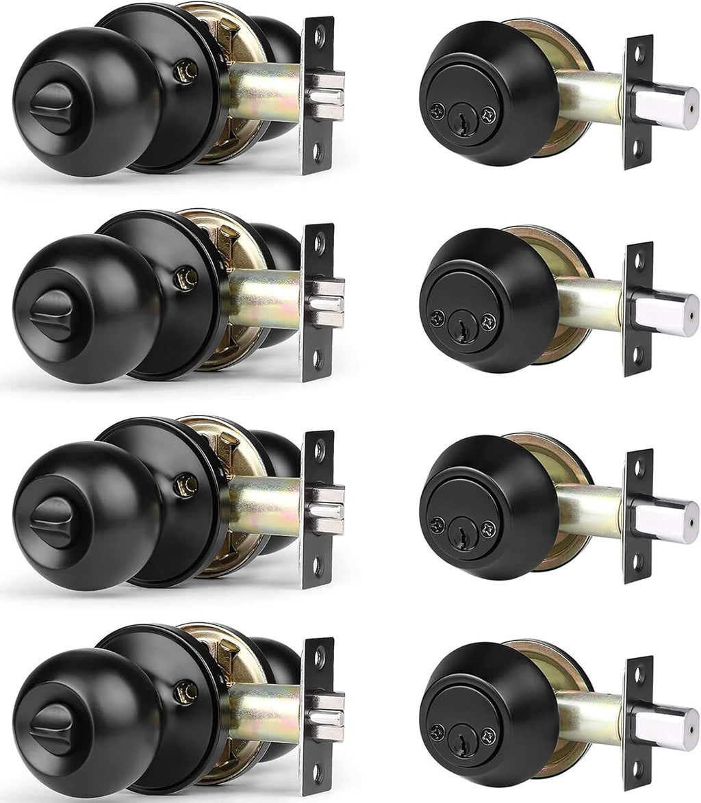 4 Pack Flat Black Entry Door Knob and Double Cylinder Deadbolt Combination Set B104