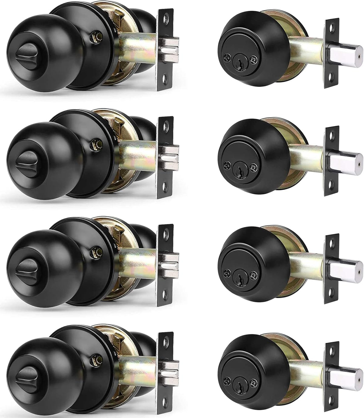 4 Pack Flat Black Entry Door Knob and Double Cylinder Deadbolt Combination Set B104