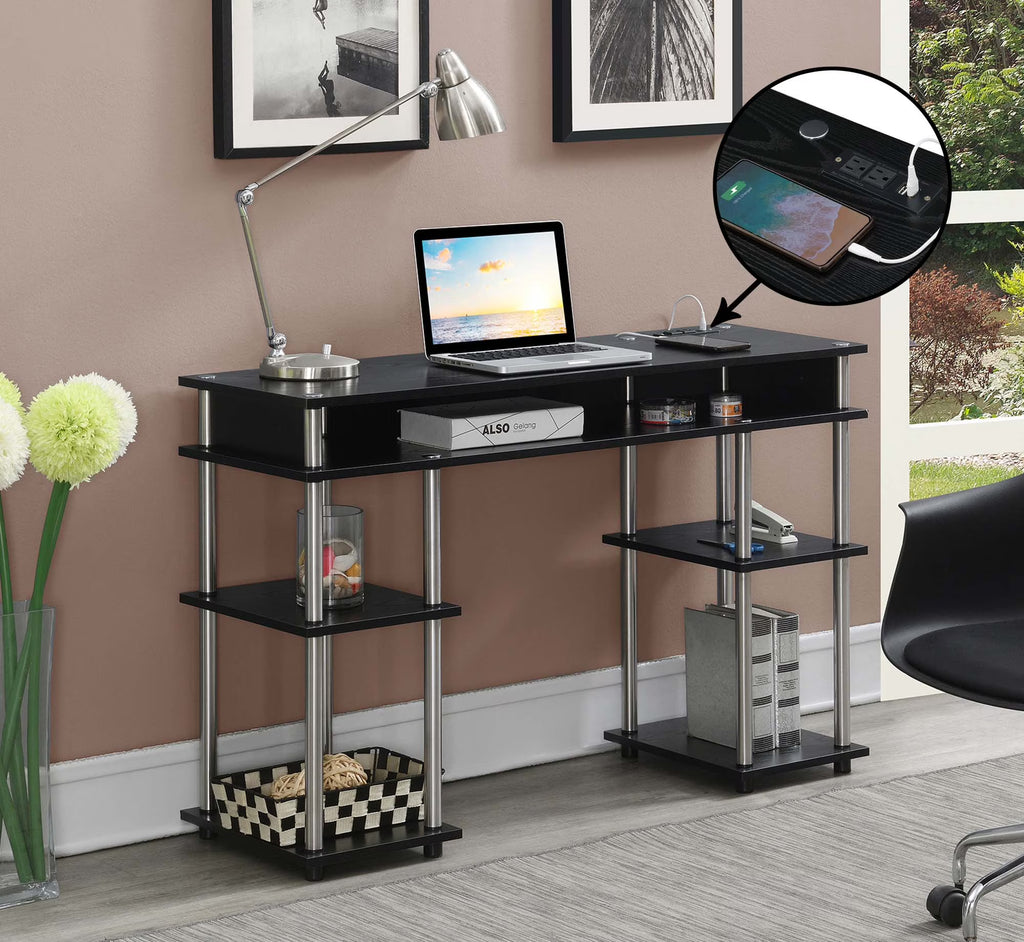 Black Student Desk with Charging Station and Shelves O598