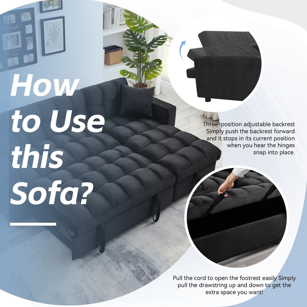 84" Black Velvet Convertible Sleeper Sofa with Storage Chaise B77914