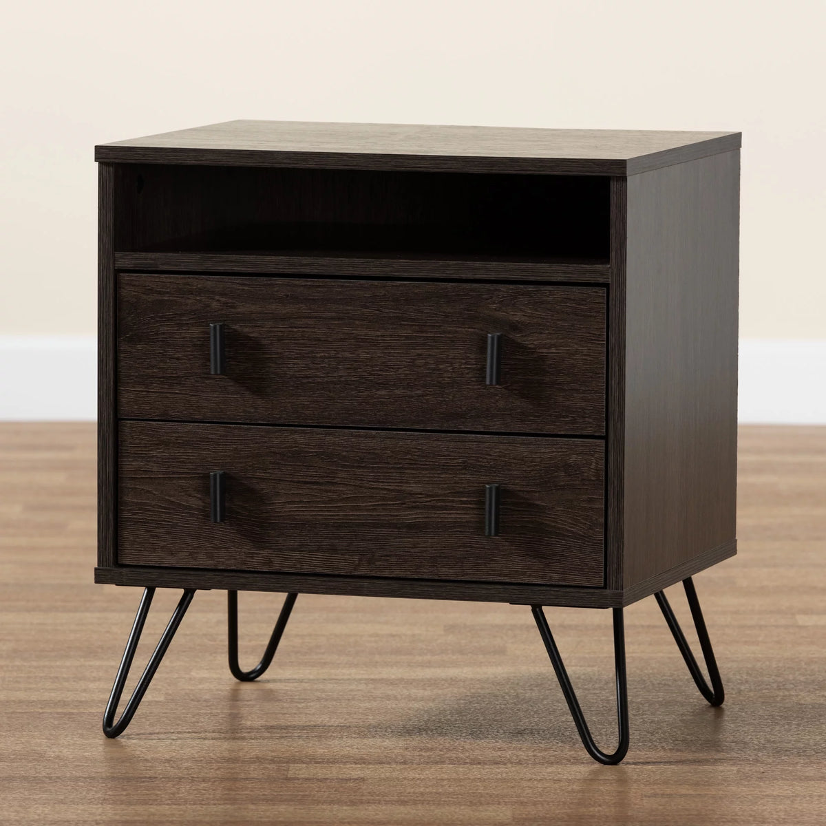 Dark Brown Wood and Black Metal 2-Drawer Nightstand V88788