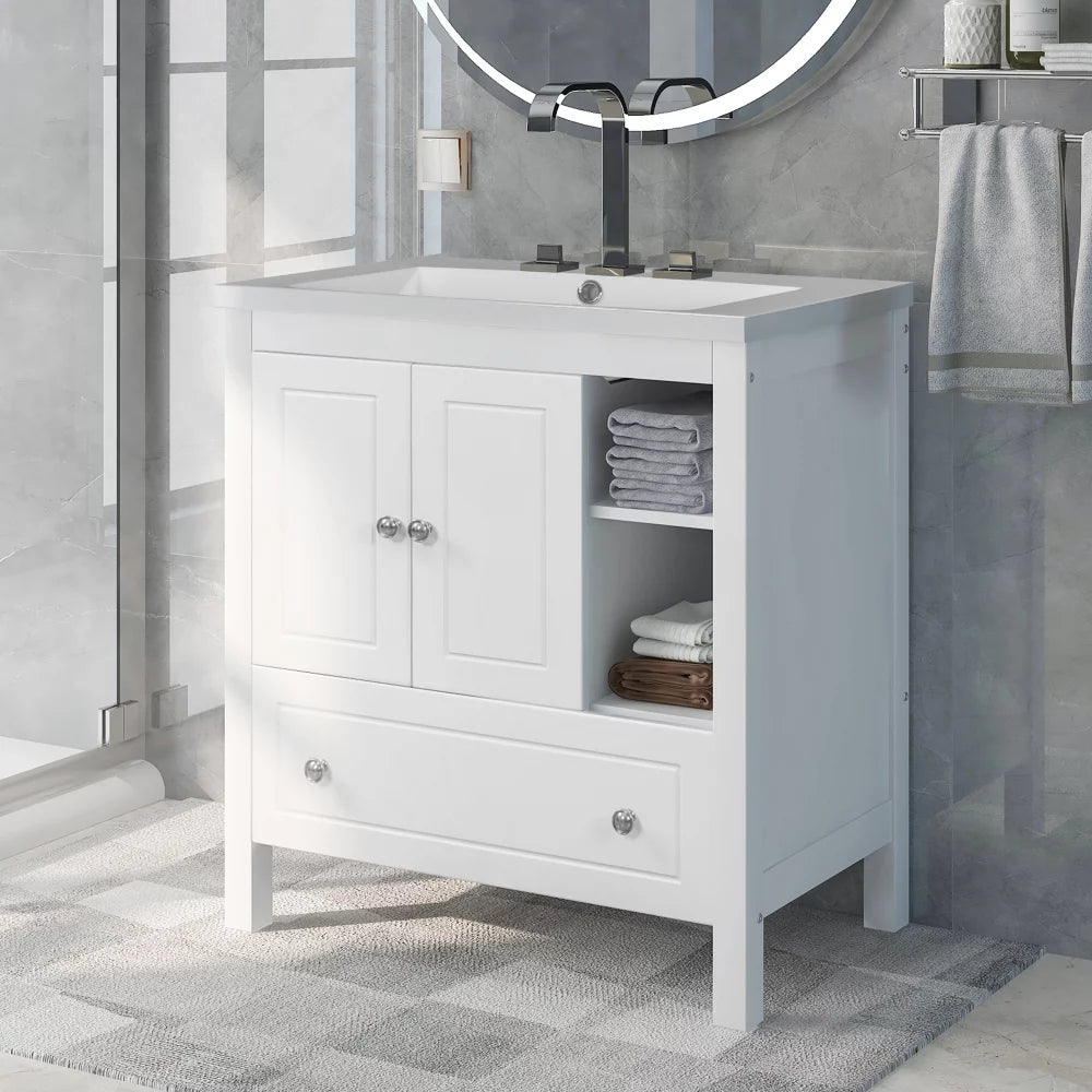 30" White Bathroom Vanity with Ceramic Sink and Storage Cabinet F511