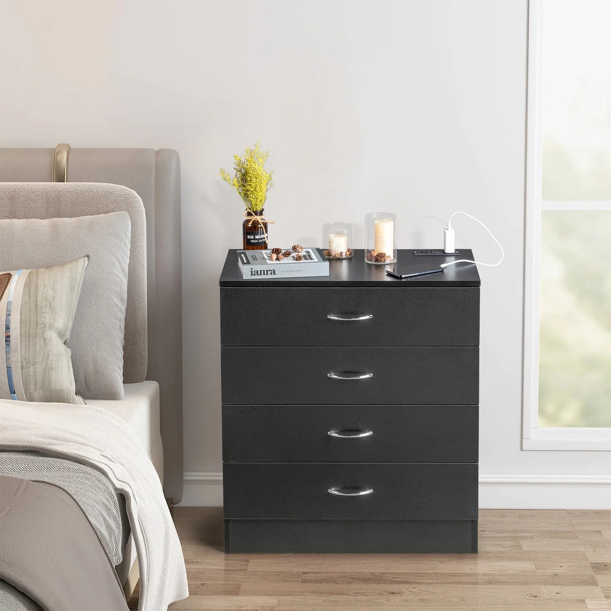 Black 4 Drawer Dresser with Power Outlets A452