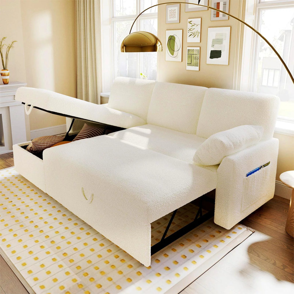 White Sherpa Sofa Bed with Storage Chaise X28685