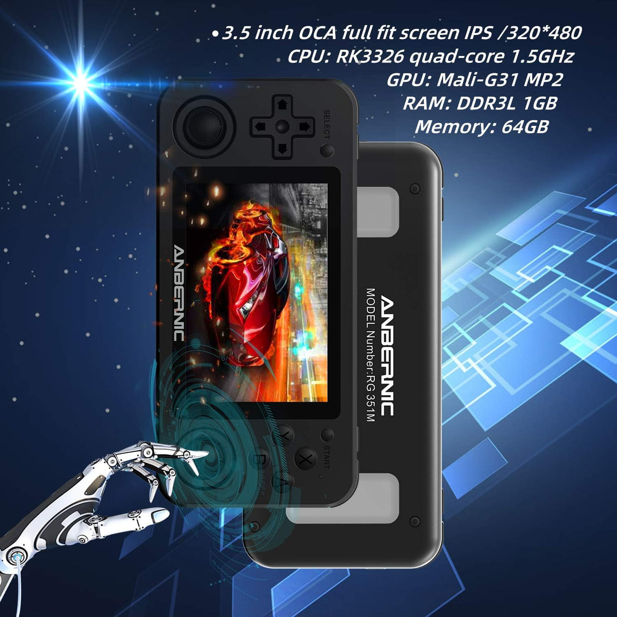 Black Handheld Game Console with 64G TF Card 2500 Classic Games 3.5 inch IPS Screen O564