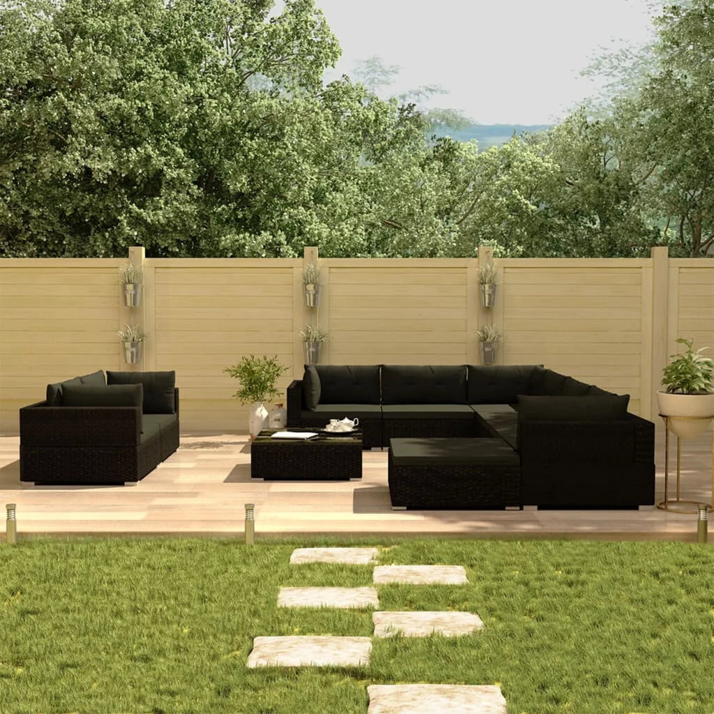 10 Piece Cushioned Black Poly Rattan Sectional Sofa Set M636