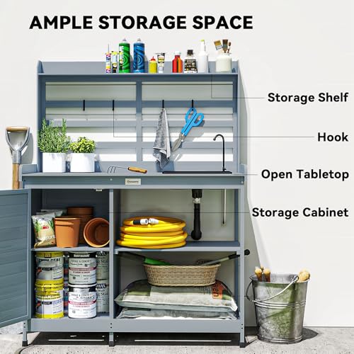 Wooden Potting Bench Table with Sink and Storage Cabinet J5694