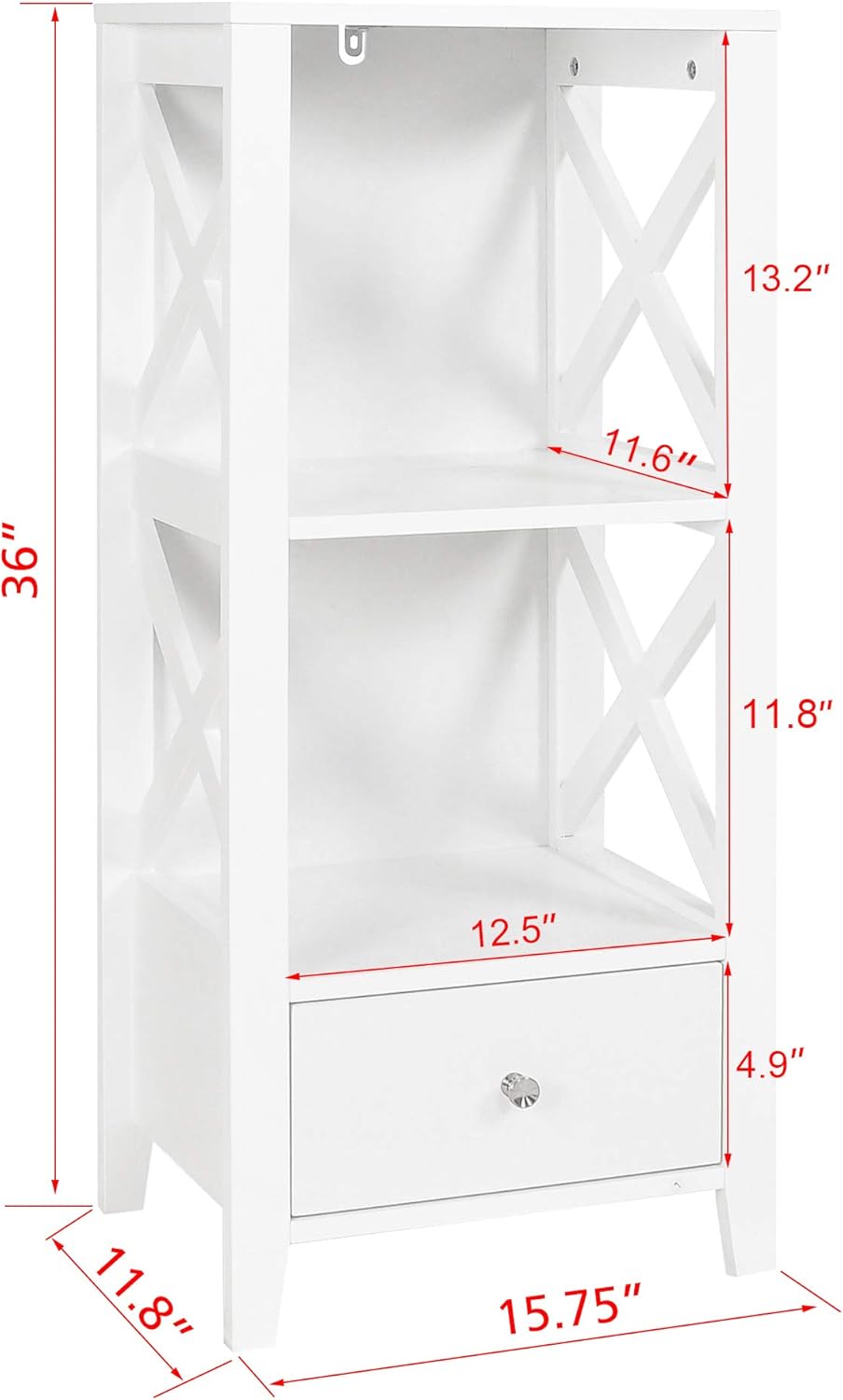 White 3-Shelf Bathroom Storage Tower with Single Drawers E62463