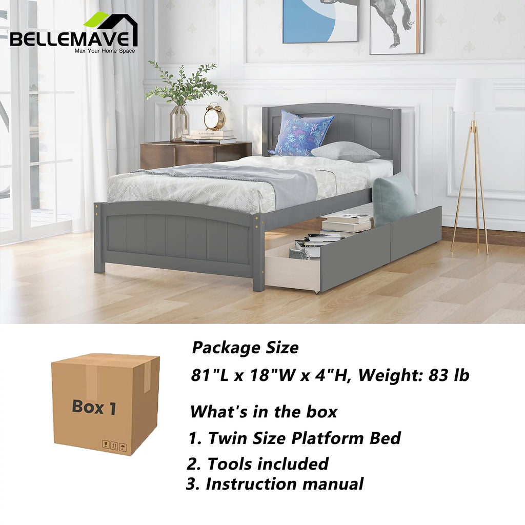 Twin Size Platform Bed Frame with Storage Drawer and Headboard N8473