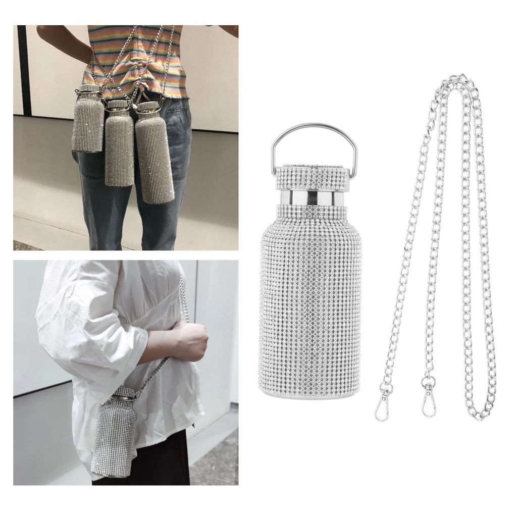 350ML Rhinestone Stainless Steel Insulated Water Bottle with Chain D279296