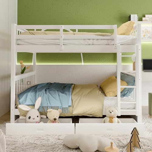 Wood Bunk Bed with Drawers, Twin Over Twin Size, Grey P831
