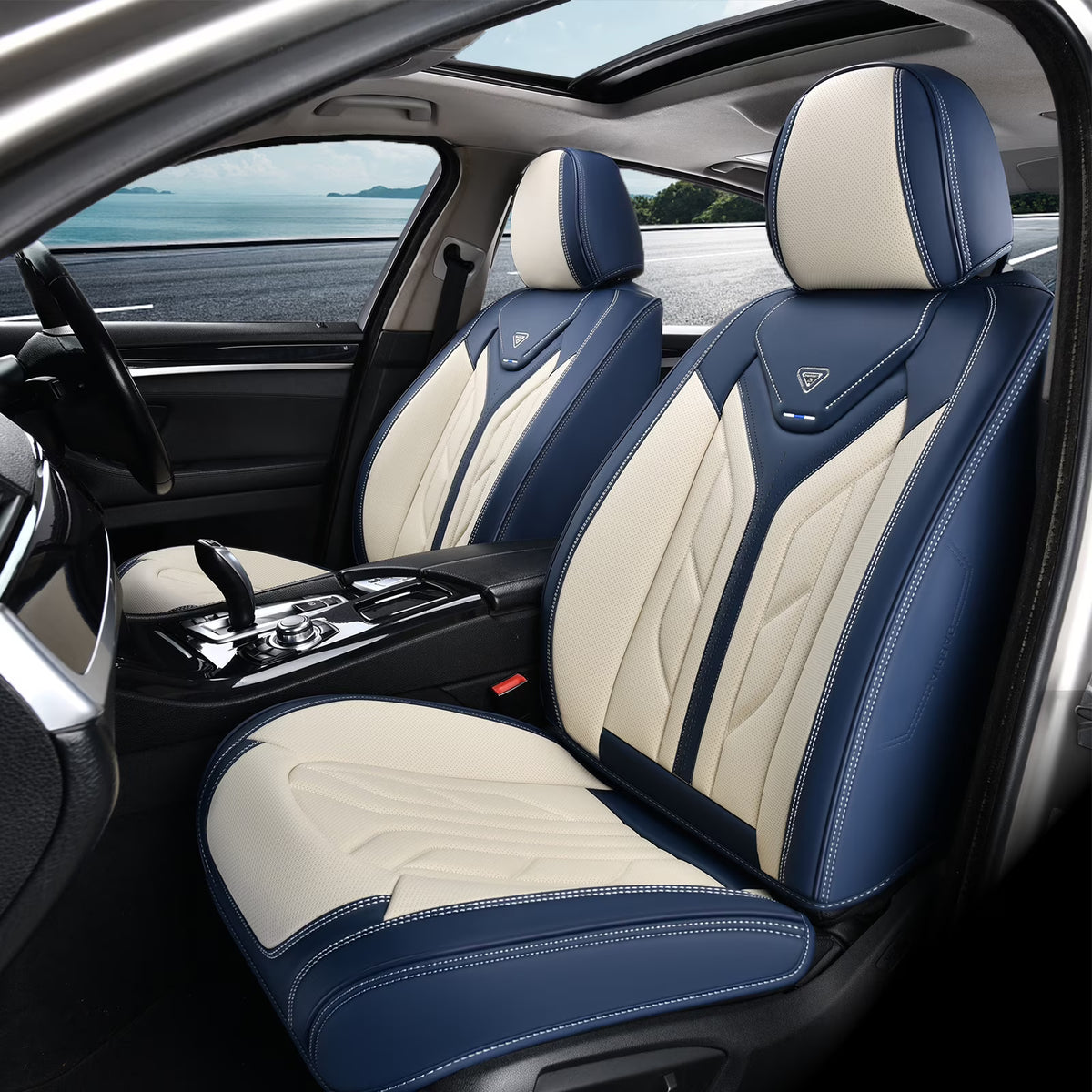 Blue&Beige 2Pcs Leather Car Seat Covers F53243
