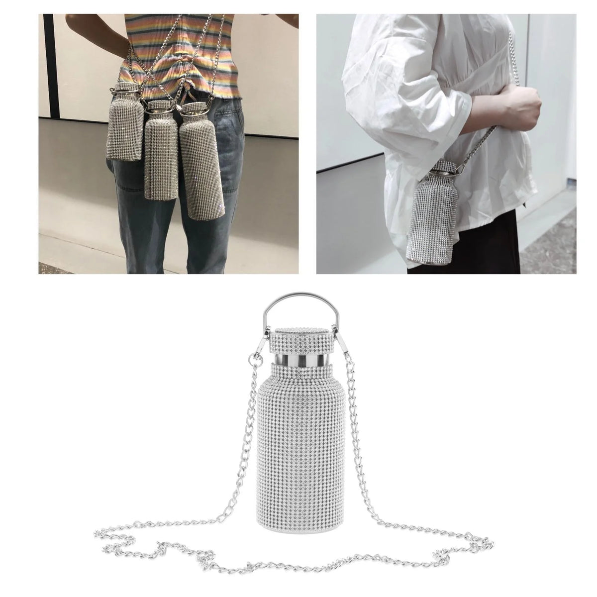350ML Rhinestone Stainless Steel Insulated Water Bottle with Chain D279296