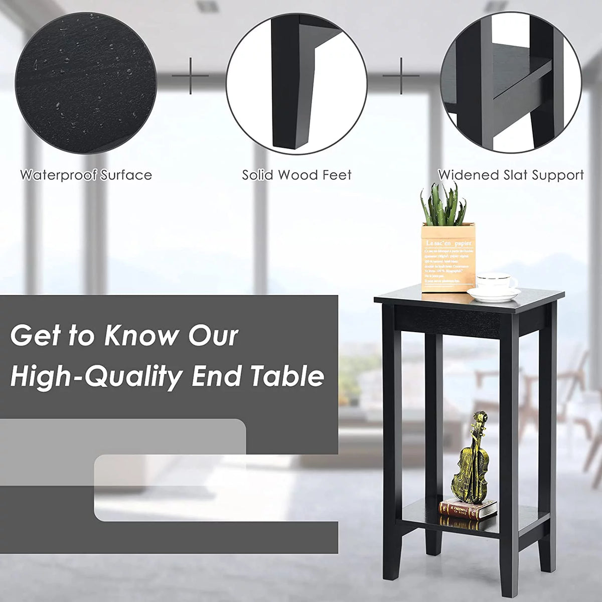 2-Tier End Table with Shelf and Wooden Legs H457