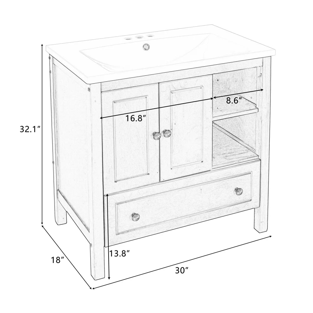 30" White Bathroom Vanity with Ceramic Sink and Storage Cabinet F511