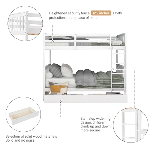 Wood Bunk Bed with Drawers, Twin Over Twin Size, Grey P831