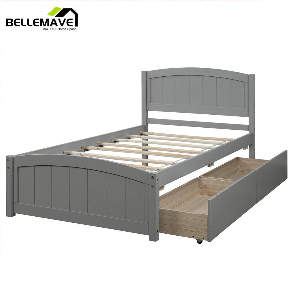 Twin Size Platform Bed Frame with Storage Drawer and Headboard N8473