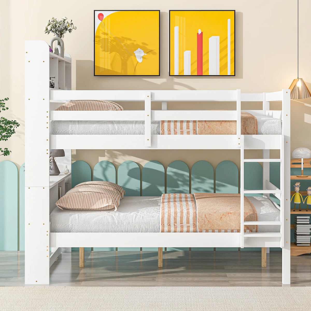 Full Over Full Bunk Beds with Bookcase Headboard, Solid Wood Bed Frame with Safety Rail and Ladder, White L371