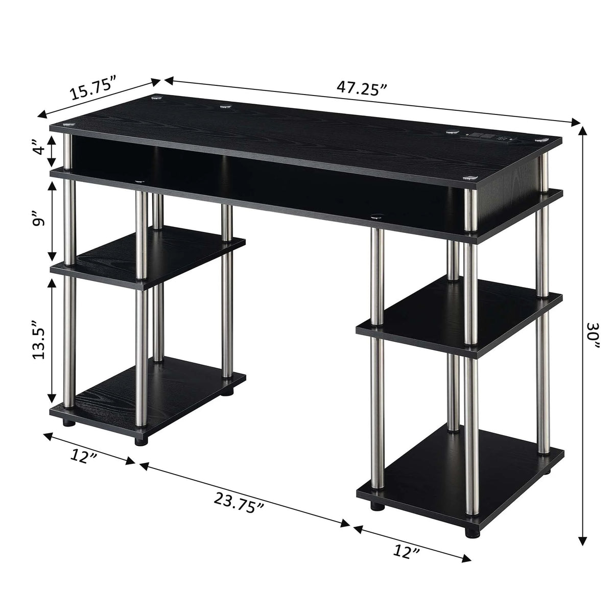 Black Student Desk with Charging Station and Shelves O598